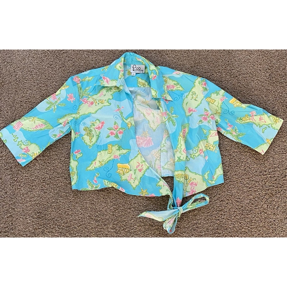 Vintage Lilly Pulitzer Womens Size 2 Cropped Tie Front Top Caribbean Fish Turtle